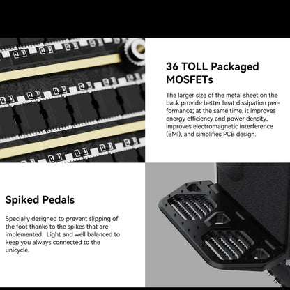Izdelek je električni monocikel, znamke Kingsong, model F22 Pro. Na sliki so prikazani detajli notranjosti naprave, vključno z MOSFET-i, ki izboljšujejo toplotno disipacijo in energetsko učinkovitost, ter pedali z izbočeninami, ki preprečujejo zdrs stopal in zagotavljajo boljšo stabilnost med vožnjo.