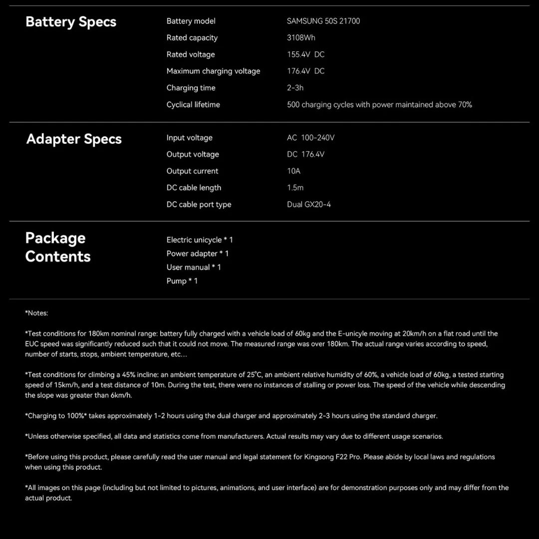 Izdelek je električni monocikel, znamke Kingsong, model F22 Pro. Na sliki so prikazane specifikacije baterije in adapterja, ter vsebina paketa, ki vključuje električni monocikel, napajalnik, uporabniški priročnik in črpalko. Specifikacije vključujejo kapaciteto baterije, napetost in čas polnjenja.