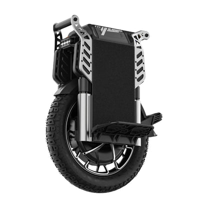 Izdelek na sliki je električni monocikel, model Kingsong F22 Pro. Na sliki je prikazan monocikel s širokim gumami, robustno konstrukcijo in platformo za stopala, ki je obložena z nedrsečim materialom. Zasnova vključuje tudi nosilec in LED luči, kar nakazuje na funkcionalnost in estetski videz.