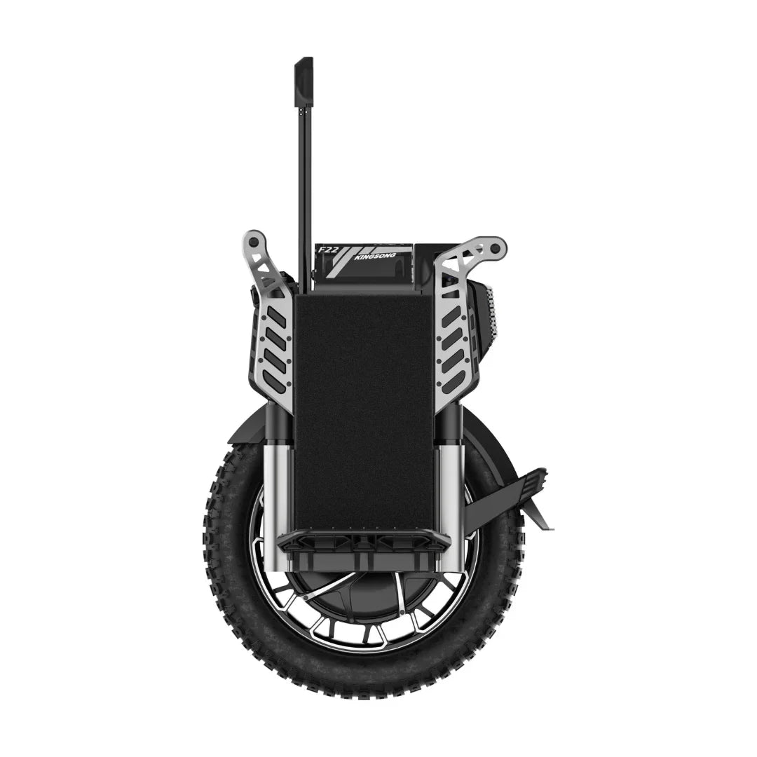 Izdelek na sliki je električni monocikel, model Kingsong F22 Pro. Na sliki je vidna sprednja stran monocikla, ki ima robustno kolo z grobim profilom, kar kaže na njegovo primernost za različne terene. Vidni so tudi nosilci in platforma, ki omogočajo udobno vožnjo ter stabilnost.