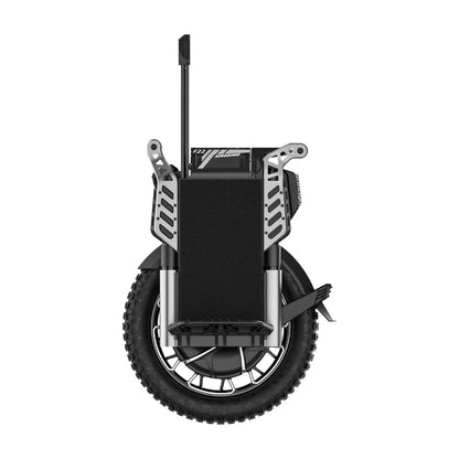 Izdelek na sliki je električni monocikel, model Kingsong F22 Pro. Na sliki je vidna sprednja stran monocikla, ki ima robustno kolo z grobim profilom, kar kaže na njegovo primernost za različne terene. Vidni so tudi nosilci in platforma, ki omogočajo udobno vožnjo ter stabilnost.