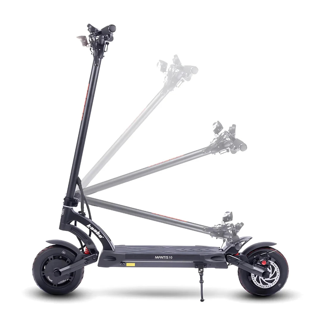 Izdelek je električni skiro, znamke Kaabo, model Mantis 10 Plus. Na sliki je prikazan skiro v stranski perspektivi, ki prikazuje njegov eleganten dizajn in robustno konstrukcijo. Vidna je tudi možnost zlaganja, kar omogoča enostavno prenašanje in shranjevanje. Na sprednjem delu so nameščeni krmili in luči, kar dodatno poudarja funkcionalnost in varnost pri vožnji.