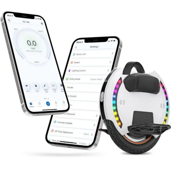 Izdelek je električni unicycle, znamke Kingsong, model 14D. Na sliki je prikazan unicycle, ki ima na sprednjem delu LED luči, ter dve pametni napravi, ki prikazujeta aplikacijo za upravljanje z vozilom. Aplikacija omogoča nastavitev hitrosti, osvetlitve in drugih funkcij, kar omogoča enostavno prilagajanje vožnje.