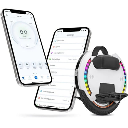 Izdelek je električni unicycle, znamke Kingsong, model 14D. Na sliki je prikazan unicycle, ki ima na sprednjem delu LED luči, ter dve pametni napravi, ki prikazujeta aplikacijo za upravljanje z vozilom. Aplikacija omogoča nastavitev hitrosti, osvetlitve in drugih funkcij, kar omogoča enostavno prilagajanje vožnje.