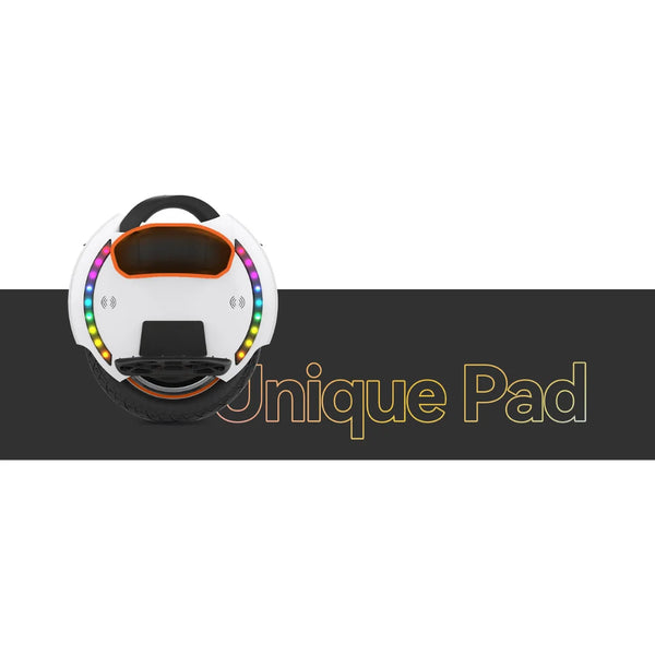 Izdelek je električni enokolesnik, znamke Kingsong, model 14D. Na sliki je prikazan enokolesnik z belo površino in barvnimi LED lučmi ob robu. Ima udoben sedež in nosilec za stopala, kar omogoča lažje upravljanje in vožnjo.