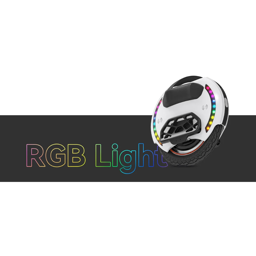Električni monocikel Kingsong 14d s pisanimi RGB lučmi na elegantnem črnem ozadju.