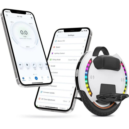 Electric Unicycle Kingsong 14m, includes a sleek design with LED lights, and is controlled via a mobile app.