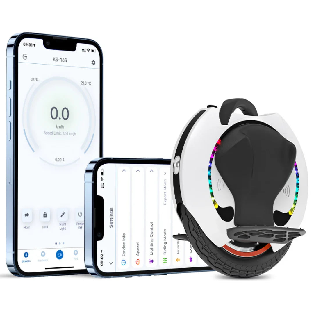 Izdelek je električni unicycle, znamka je Kingsong, model pa je 16S. Na sliki je prikazan unicycle z značilnim kolesom in ročajem, poleg pa sta dva pametna telefona, ki prikazujeta aplikacijo za upravljanje in nastavitve naprave. Na zaslonu je vidna hitrost, temperaturne informacije in druge funkcije.
