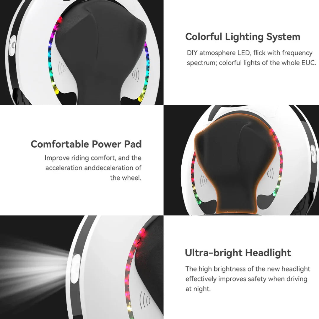 Izdelek je električni unicykel, znamke Kingsong, model 16S. Na sliki so prikazane različne funkcije, vključno s sistemom barvne osvetlitve, udobno močjo za vožnjo ter ultra svetlo sprednjo lučjo, ki izboljšuje varnost pri vožnji ponoči. Osvetlitev in udobnost sta poudarjeni kot ključni lastnosti izdelka.
