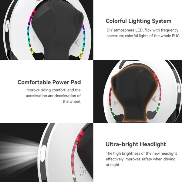 Izdelek je električni unicykel, znamke Kingsong, model 16S. Na sliki so prikazane različne funkcije, vključno s sistemom barvne osvetlitve, udobno močjo za vožnjo ter ultra svetlo sprednjo lučjo, ki izboljšuje varnost pri vožnji ponoči. Osvetlitev in udobnost sta poudarjeni kot ključni lastnosti izdelka.