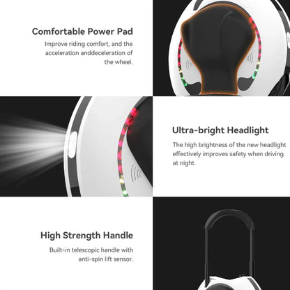 Izdelek je električni unicycle, znamka je Kingsong, model pa je 16S. Na sliki so prikazane različne funkcionalnosti unicycla, vključno s komfortno močjo na pedalu, ultra svetlo sprednjo lučjo za večjo varnost pri vožnji ponoči ter visokotrdno ročico, ki je vgrajena in omogoča enostavno prenašanje.