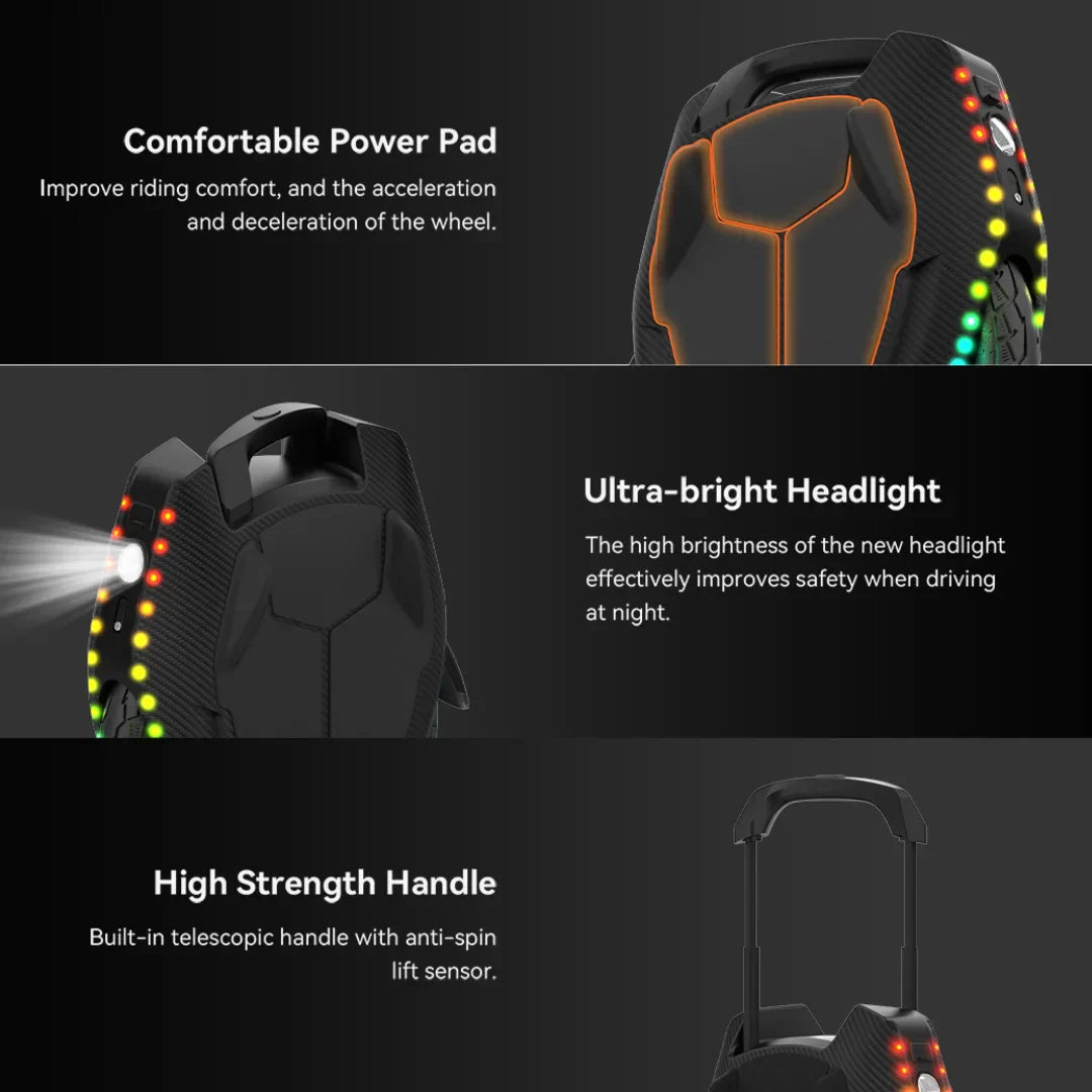 Izdelek je električni monocikel, znamke Kingsong, model 16X. Na sliki so prikazane različne funkcionalnosti monocikla, vključno s komfortnim napajalnim podstavkom za izboljšanje udobja med vožnjo, ultra svetlo sprednjo lučjo za večjo varnost ponoči ter trpežnim teleskopskim ročajem z anti-spin senzorjem. Celoten dizajn je sodoben in funkcionalen, kar omogoča enostavno uporabo in večjo varnost.