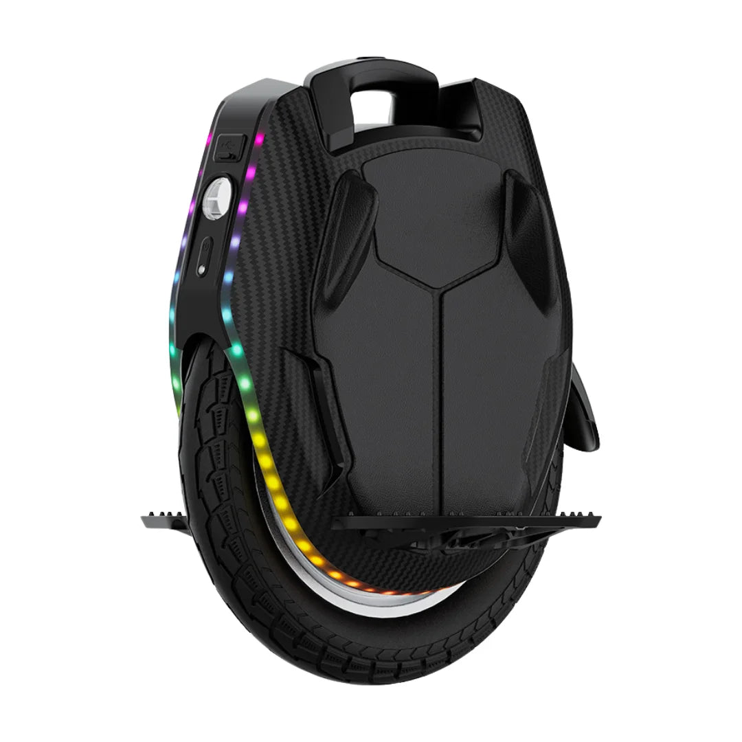 Eleganten črn električni monocikel Kingsong 16x s pisanimi LED lučmi in robustno pnevmatiko.