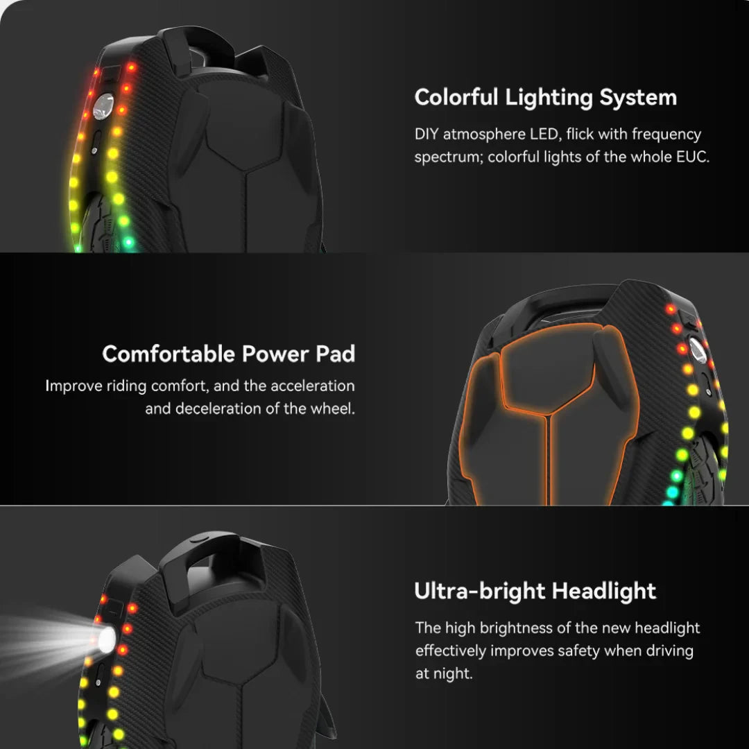 Izdelek na sliki je električni monocikel, znamke Kingsong, model 16XS. Na sliki so prikazani različni elementi monocikla, vključno z barvnim svetlobnim sistemom, udobno stopalko za napajanje ter ultra svetlo sprednjo lučjo, ki izboljšuje varnost vožnje ponoči. Monocikel ima tudi sodoben dizajn in funkcionalnosti, ki prispevajo k udobni in varni vožnji.