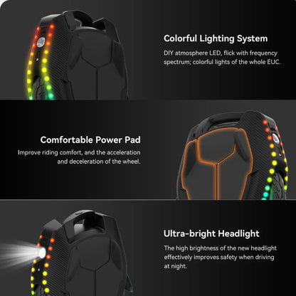 Izdelek na sliki je električni monocikel, znamke Kingsong, model 16XS. Na sliki so prikazani različni elementi monocikla, vključno z barvnim svetlobnim sistemom, udobno stopalko za napajanje ter ultra svetlo sprednjo lučjo, ki izboljšuje varnost vožnje ponoči. Monocikel ima tudi sodoben dizajn in funkcionalnosti, ki prispevajo k udobni in varni vožnji.