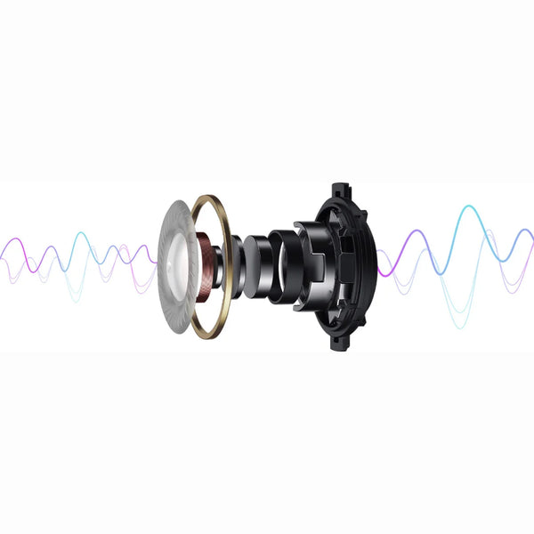 Na sliki je prikazan električni monocikel, model Kingsong 16XS. Vidna je notranja struktura naprave, ki vključuje različne komponente, kot so motor, baterija in zvočniki, obkroženi z grafičnimi valovi, ki simbolizirajo zvok. Ta dizajn ponazarja tehnološko naprednost in zmogljivost izdelka.