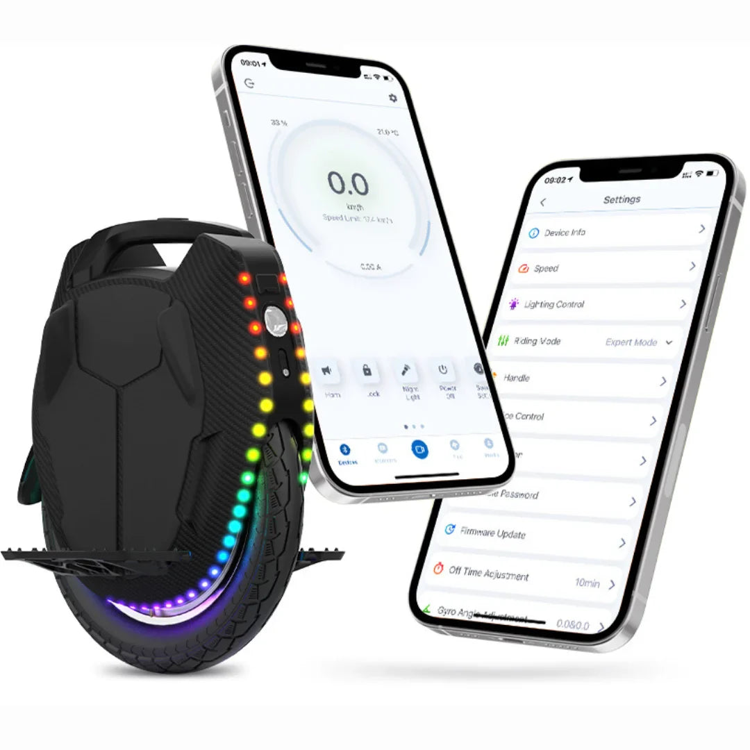 Izdelek na sliki je električni monocikel, model Kingsong 16XS. Na sliki je prikazan monocikel v črni barvi z LED lučmi, ki svetijo v različnih barvah. Poleg njega sta vidni tudi dva pametna telefona, ki prikazujeta aplikacijo za upravljanje z napravo, kjer so vidne informacije o hitrosti in nastavitvah. Monocikel je zasnovan za enostavno vožnjo in prilagodljivo upravljanje.