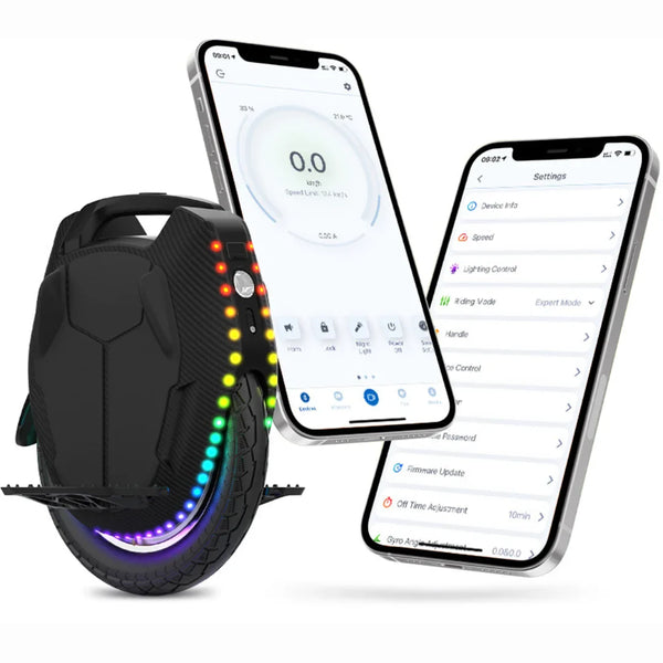 Izdelek na sliki je električni monocikel, model Kingsong 16XS. Na sliki je prikazan monocikel v črni barvi z LED lučmi, ki svetijo v različnih barvah. Poleg njega sta vidni tudi dva pametna telefona, ki prikazujeta aplikacijo za upravljanje z napravo, kjer so vidne informacije o hitrosti in nastavitvah. Monocikel je zasnovan za enostavno vožnjo in prilagodljivo upravljanje.