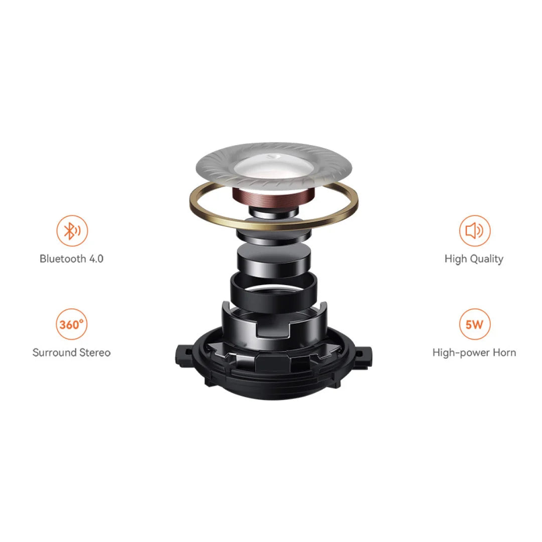 Posnetek od blizu komponente zvočnika z oznakami za Bluetooth, prostorski stereo zvok in specifikacije moči.