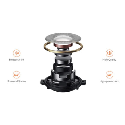 Posnetek od blizu komponente zvočnika z oznakami za Bluetooth, prostorski stereo zvok in specifikacije moči.