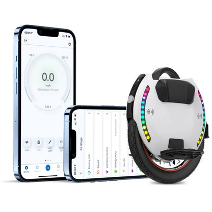 Izdelek je električni unicykel, znamke Kingsong, model 18XL. Na sliki je prikazan unicykel s svetlečimi LED lučmi ob robu ter pametni telefon, ki prikazuje aplikacijo za upravljanje naprave. Aplikacija prikazuje hitrost, temperaturo in druge nastavitve, kar omogoča enostavno spremljanje delovanja unicykla.