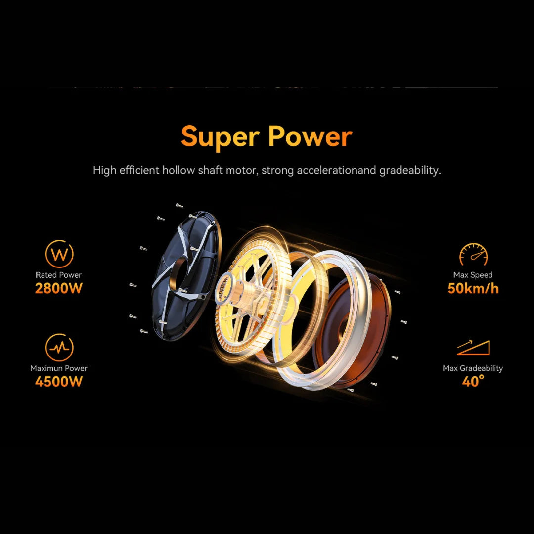 Izdelek je električni monocikel, znamke Kingsong, model S16. Na sliki je prikazan del motorja z informacijami o moči in zmogljivosti. Vidni so različni deli kolesa, ki poudarjajo moč motorja, ki znaša 2800 W pri nominalni in 4500 W pri maksimalni moči. Omenjena sta tudi največja hitrost 50 km/h in možnost premagovanja naklonov do 40°.