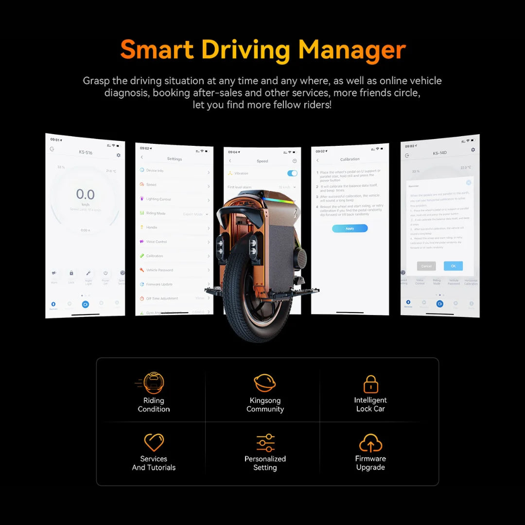 Izdelek na sliki je električni monocikel, model Kingsong S16. Na sliki so prikazane različne funkcije in možnosti, ki jih ponuja aplikacija za upravljanje vožnje, vključno s podatki o hitrosti, nastavitvah in kalibraciji. Vidna je tudi zasnova monocikla, ki vključuje en kolesni del in različne funkcionalnosti za uporabnike.