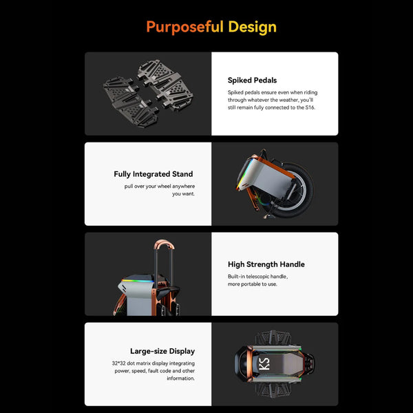 Izdelek je električni monocikel, znamke Kingsong, model S16. Na sliki so prikazane različne značilnosti monocikla, vključno z ostrimi pedalami za boljši oprijem, integriranim stojalom, močnim teleskopskim ročajem za prenašanje in velikim zaslonom, ki prikazuje hitrost, napake in druge informacije. Oblikovanje je namenjeno praktični uporabi in udobnemu vožnji.