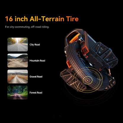 Izdelek je električni monocikel, znamke Kingsong, model S16 Pro. Na sliki je prikazana pnevmatika velikosti 16 palcev, ki je primerna za različne terene, vključno z mestnimi, gorskimi, makadamskimi in gozdnimi potmi. Vidna je tudi zasnova monocikla, ki vključuje robustne elemente za stabilno vožnjo po različnih površinah.