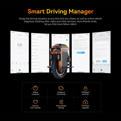 Izdelek na sliki je električni monocikel, model Kingsong S16 Pro. Na sliki je prikazan monocikel v oranžni barvi, ki ima dva sprednja kolesa in modernega dizajna. V ozadju so prikazane različne funkcionalnosti aplikacije, ki omogoča spremljanje vožnje, nastavitev in dostop do skupnosti uporabnikov. Aplikacija ponuja tudi možnosti za nadgradnjo programske opreme in druge storitve.