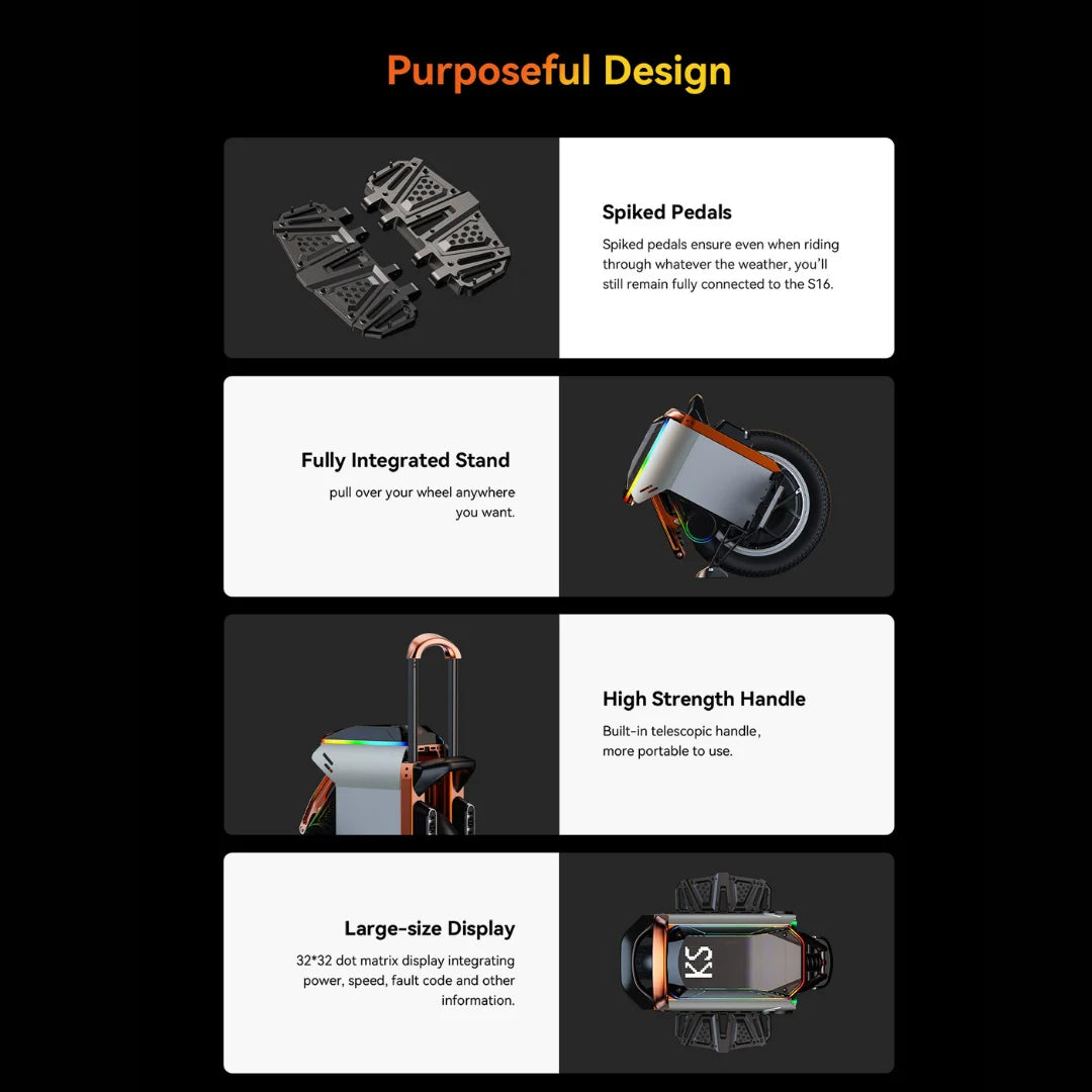 Izdelek je električni monocikel, znamke Kingsong, model S16 Pro. Na sliki so prikazane različne funkcionalnosti, vključno z ostrimi pedali za boljši oprijem, integriranim stojalom, močnim teleskopskim ročajem za prenos ter velikim zaslonom za prikaz informacij o hitrosti in napakah. Oblikovanje je zasnovano za enostavno uporabo in prenosljivost.