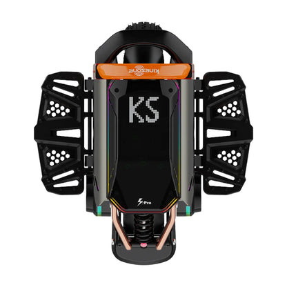 Izdelek je električni monocikel, znamke Kingsong, model S16 Pro. Na sliki je prikazan vrh monocikla, ki ima sodoben in aerodinamičen dizajn. Opremljen je z robustnimi stranskimi oporniki in LED zaslonom, ki prikazuje oznako "KS". Monocikel je zasnovan za udobno vožnjo in stabilnost.