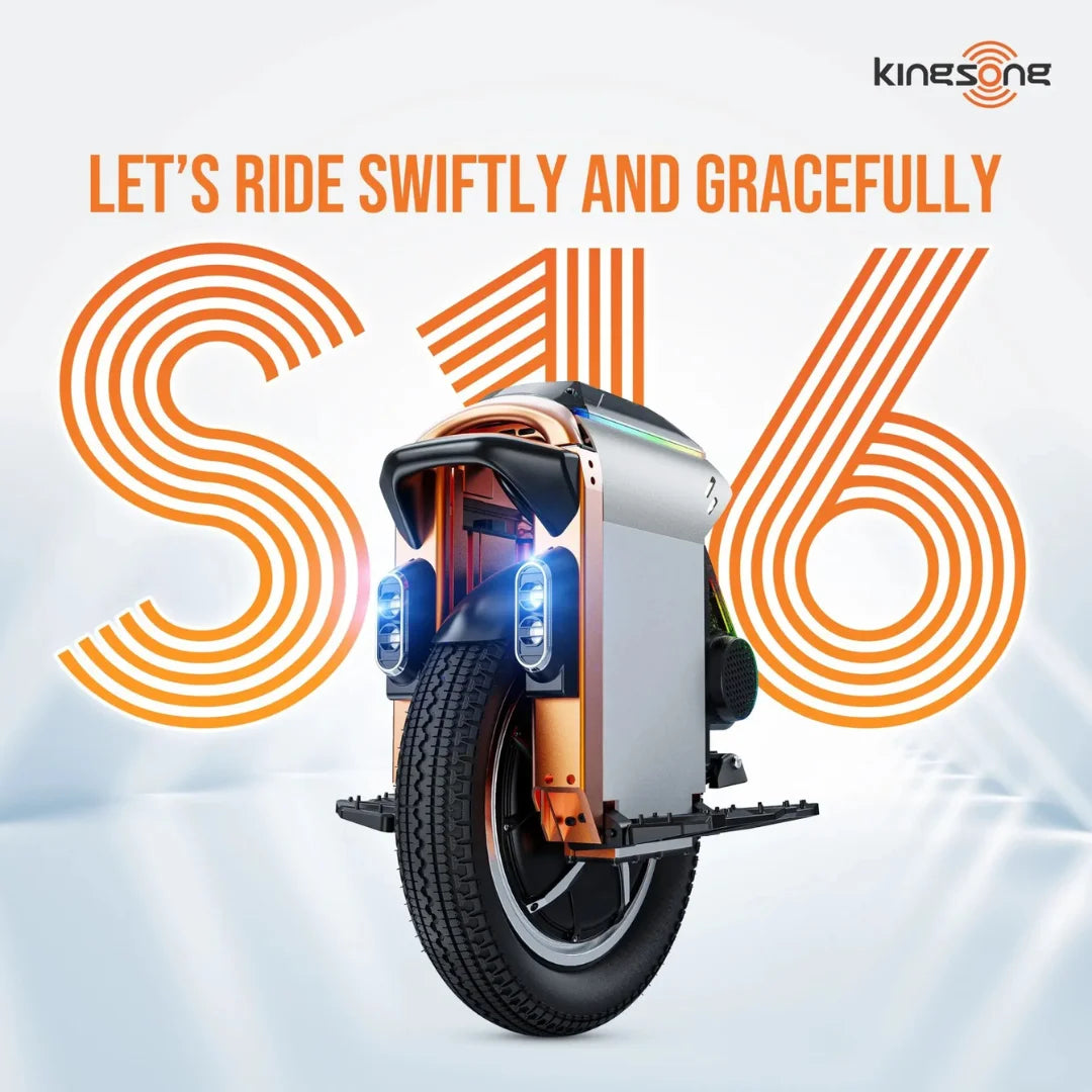 Izdelek na sliki je električni monocikel, model Kingsong S16 Pro. Na sliki je prikazan monocikel z značilno zasnovo, ki vključuje sprednje luči in široko pnevmatiko. Ozadje je svetlo, z grafičnimi elementi, ki poudarjajo hitrost in eleganco vožnje.