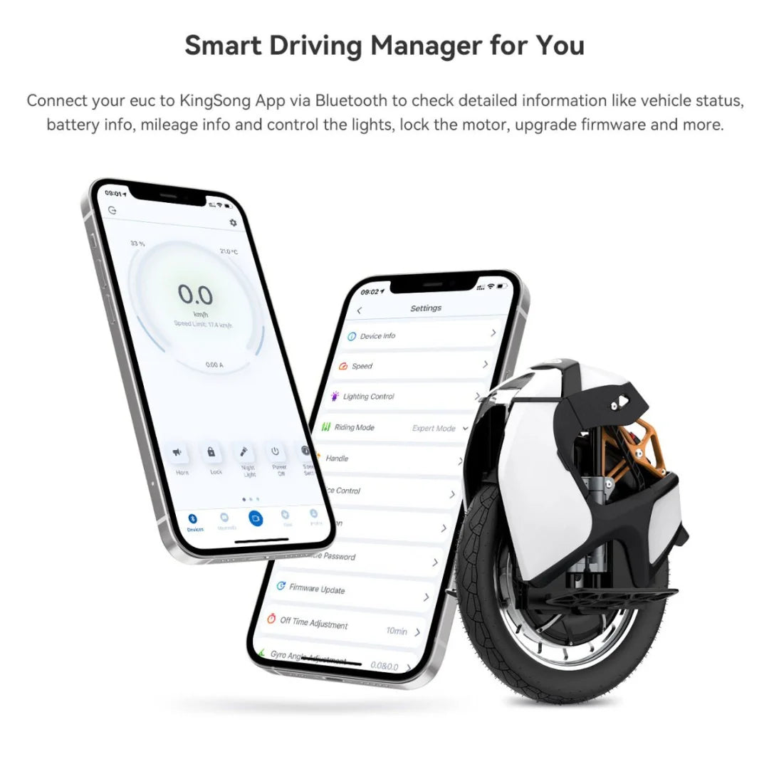 Slika električnega monocikla Kingsong S18 Pro Plus z vmesnikom aplikacije za pametni telefon.