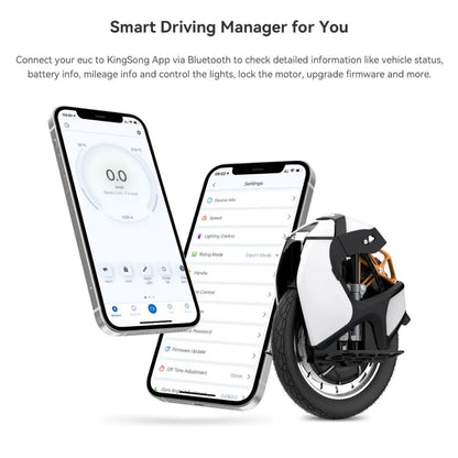 Slika električnega monocikla Kingsong S18 Pro Plus z vmesnikom aplikacije za pametni telefon.