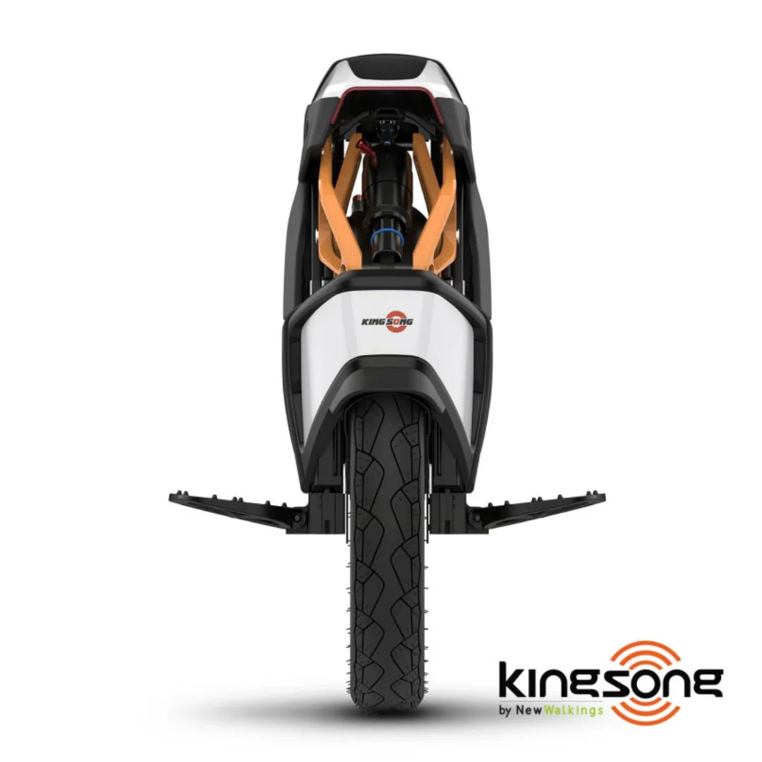Sprednji pogled električnega monocikla Kingsong S18 Pro Plus, ki prikazuje njegovo elegantno obliko in pnevmatiko.