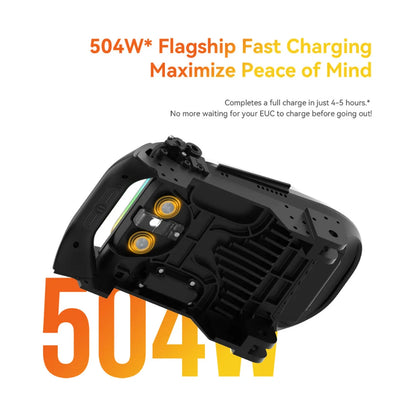 Izdelek na sliki je električni monocikel, znamke Kingsong, model S19. Na sliki je prikazana notranjost monocikla, vključno z baterijo, ki ima kapaciteto 504W in omogoča hitro polnjenje v 4-5 urah. Vidni so tudi svetlobni indikatorji in struktura naprave, kar nakazuje na njeno napredno tehnologijo.