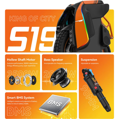 Izdelek na sliki je električni monocikel, znamke Kingsong, model S19. Na sliki so prikazane ključne značilnosti, kot so motor s 3500 W, bas zvočnik in nastavljiva zračna suspenzija. Monocikel ima sodoben dizajn v oranžni barvi z LED svetlobami ter robustno pnevmatiko, kar nakazuje na njegovo zmogljivost in udobje pri vožnji.