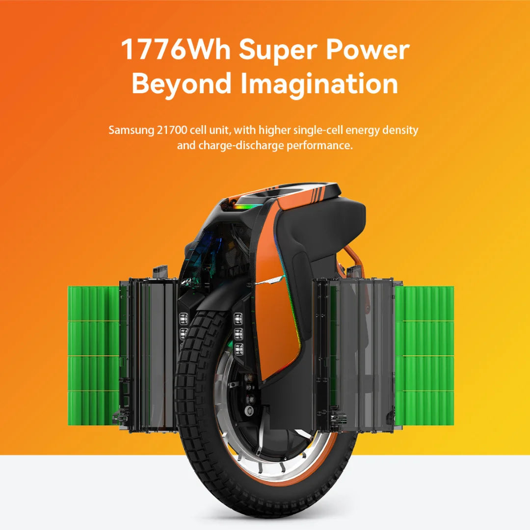 Izdelek je električni monocikel, znamke Kingsong, model S19. Na sliki je prikazan monocikel s poudarkom na njegovem zmogljivem baterijskem sistemu, ki vključuje celice Samsung 21700. Opremljen je z velikimi kolesi in sodobnim dizajnom, kar nakazuje na visoko zmogljivost in dolgotrajno uporabo. Ozadje je v svetlo oranžni barvi, kar dodatno izpostavi obliko in tehnologijo izdelka.