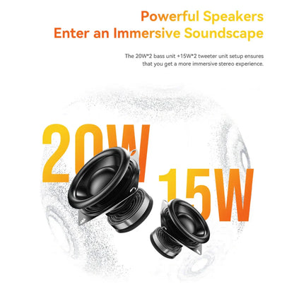 Na sliki je prikazan sistem zvočnikov, ki vključuje 20W bas enoto in 15W tweeter enoto. Izdelek je zasnovan za zagotavljanje bogatega in immersivnega zvočnega doživetja. Zvočniki so črni in imajo sodoben dizajn, kar jih naredi primernih za različne okolice.