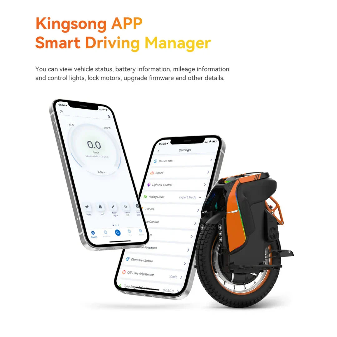Izdelek na sliki je električni monocikel, znamke Kingsong, model S19 Pro. Na sliki je prikazan monocikel z značilno zasnovo in barvno kombinacijo, ob njem pa sta dva pametna telefona, ki prikazujeta aplikacijo Kingsong za upravljanje. Aplikacija omogoča spremljanje stanja vozila, informacij o bateriji in prevoženi razdalji ter nadzor nad različnimi nastavitvami.