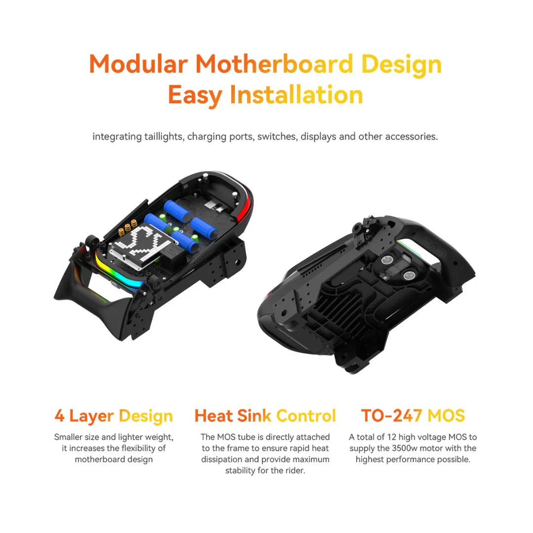 Izdelek je električni monocikel, znamke Kingsong, model S19 Pro. Na sliki je prikazana modularna zasnova matične plošče, ki omogoča enostavno namestitev različnih komponent, kot so luči, priključki za polnjenje in zasloni. Vidne so tudi različne komponente, ki zagotavljajo učinkovito hlajenje in stabilnost med vožnjo.