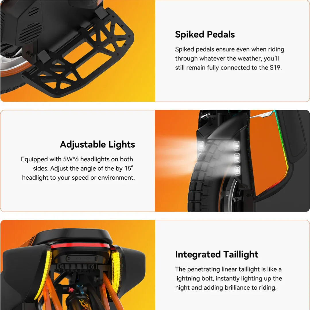 Izdelek je električni monocikel, znamke Kingsong, model S19 Pro. Na sliki so prikazani različni elementi monocikla, vključno z zatiči na pedalih, ki zagotavljajo dober oprijem, nastavljive luči za boljšo vidljivost ter integrirano zadnjo luč, ki izboljšuje varnost pri vožnji ponoči.