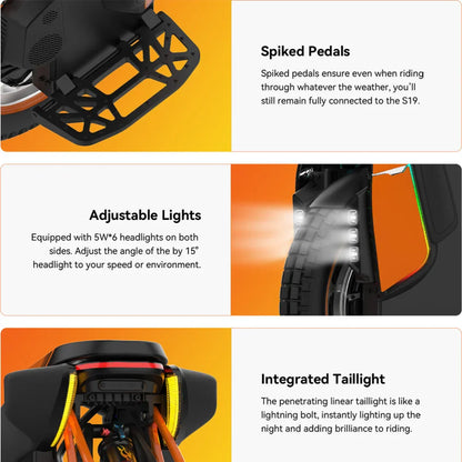 Izdelek je električni monocikel, znamke Kingsong, model S19 Pro. Na sliki so prikazani različni elementi monocikla, vključno z zatiči na pedalih, ki zagotavljajo dober oprijem, nastavljive luči za boljšo vidljivost ter integrirano zadnjo luč, ki izboljšuje varnost pri vožnji ponoči.