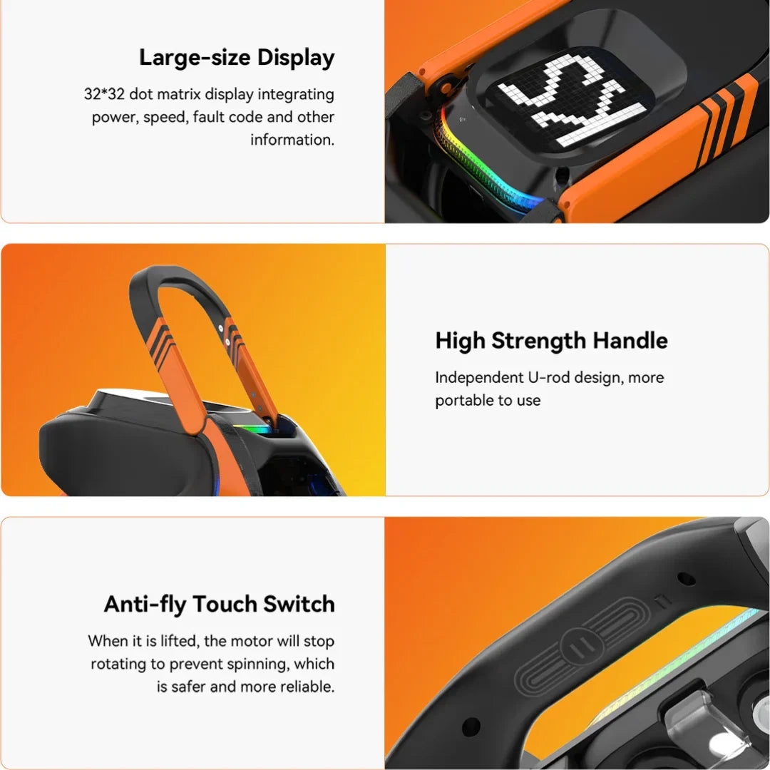 Izdelek je električni monocikel, znamke Kingsong, model S19 Pro. Na sliki je prikazan velik zaslon, ki prikazuje informacije o moči, hitrosti in napakah, ter ročaj z obliko U, ki omogoča lažje prenašanje. Vidna je tudi funkcija varnostnega stikala, ki preprečuje vrtenje motorja, ko je monocikel dvignjen, kar povečuje varnost pri uporabi.