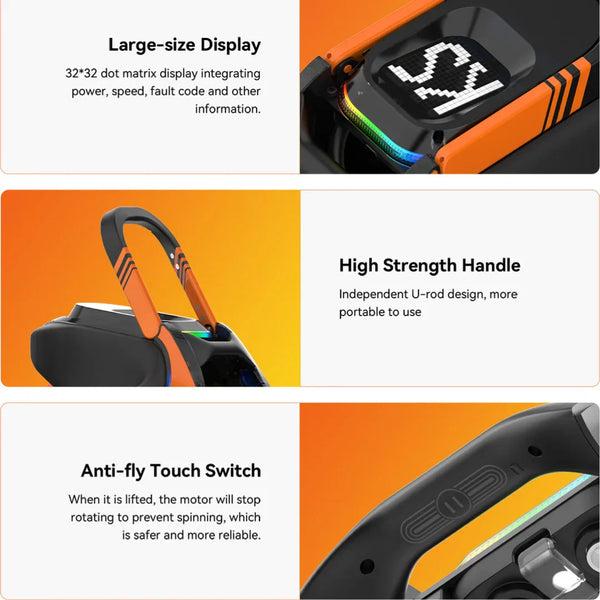 Izdelek je električni monocikel, znamke Kingsong, model S19 Pro. Na sliki je prikazan velik zaslon, ki prikazuje informacije o moči, hitrosti in napakah, ter ročaj z obliko U, ki omogoča lažje prenašanje. Vidna je tudi funkcija varnostnega stikala, ki preprečuje vrtenje motorja, ko je monocikel dvignjen, kar povečuje varnost pri uporabi.