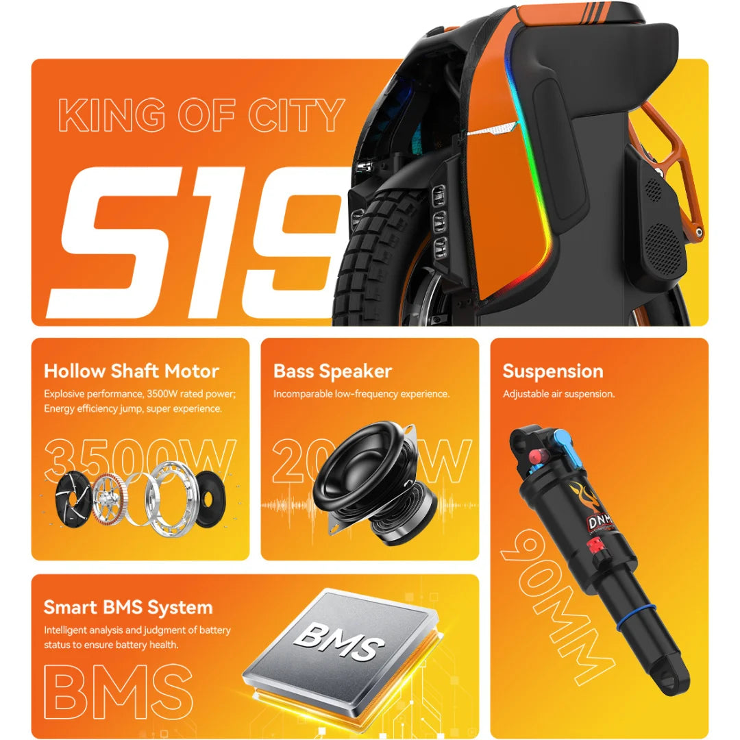 Izdelek na sliki je električni monocikel, model Kingsong S19 Pro. Na sliki so prikazane ključne značilnosti, kot so motor z močjo 3500 W, bas zvočnik in prilagodljiv zračni vzmetenje. Vidna je tudi grafika, ki poudarja zmogljivosti in pametni sistem za upravljanje baterije. Oblika monocikla je moderna, z izrazitimi barvnimi detajli.