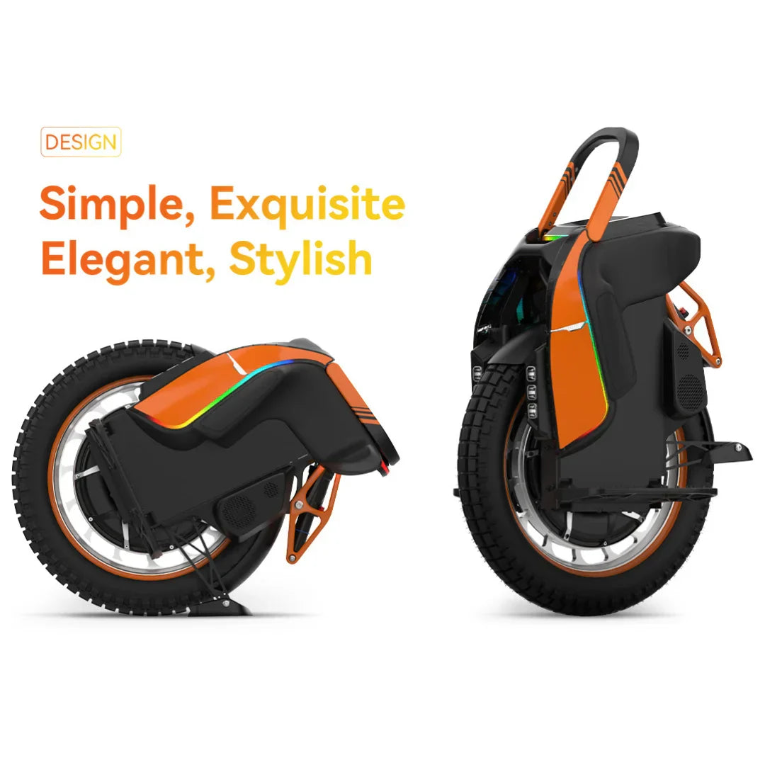 Izdelek je električni monocikel, znamke Kingsong, model S19 Pro. Na sliki je prikazan monocikel v dveh pozicijah, ena je v pokončnem položaju, druga pa zložen. Ima sodoben in eleganten dizajn z oranžnimi in črnimi detajli ter širokimi gumami, kar nakazuje na dobro stabilnost in zmogljivost.