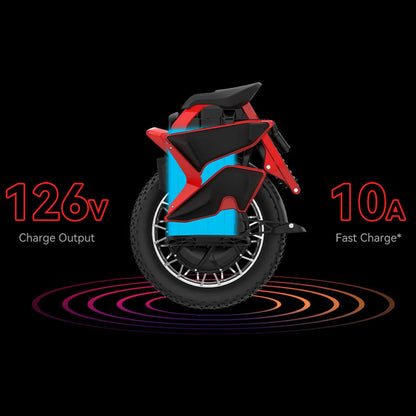 Izdelek je električni monocikel, znamke Kingsong, model S22 Pro. Na sliki je prikazan stranski pogled monocikla, ki ima rdečo in modro barvno kombinacijo. Vidna je tudi specifikacija, ki navaja napetost polnjenja 126V in hitrost polnjenja 10A. Monocikel ima robustno pnevmatiko in sodoben dizajn.