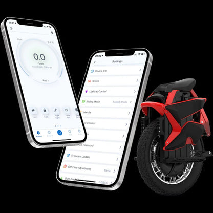 Na sliki je električni monocikel, model Kingsong S22 Pro. Vidni so tudi dva pametna telefona, ki prikazujeta aplikacijo za upravljanje z monociklom, vključno z informacijami o hitrosti in nastavitvah. Monocikel je v rdeči barvi in ima sodoben dizajn, kar nakazuje na njegovo zmogljivost in funkcionalnost.